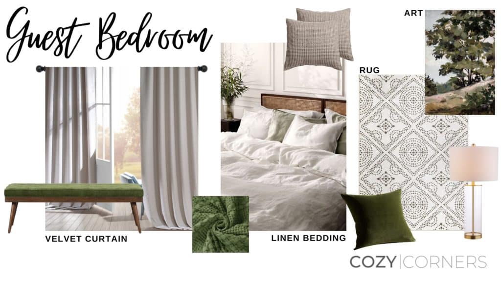 Bedroom Concept Board in a neutral color palette with green accents and linen bedding.