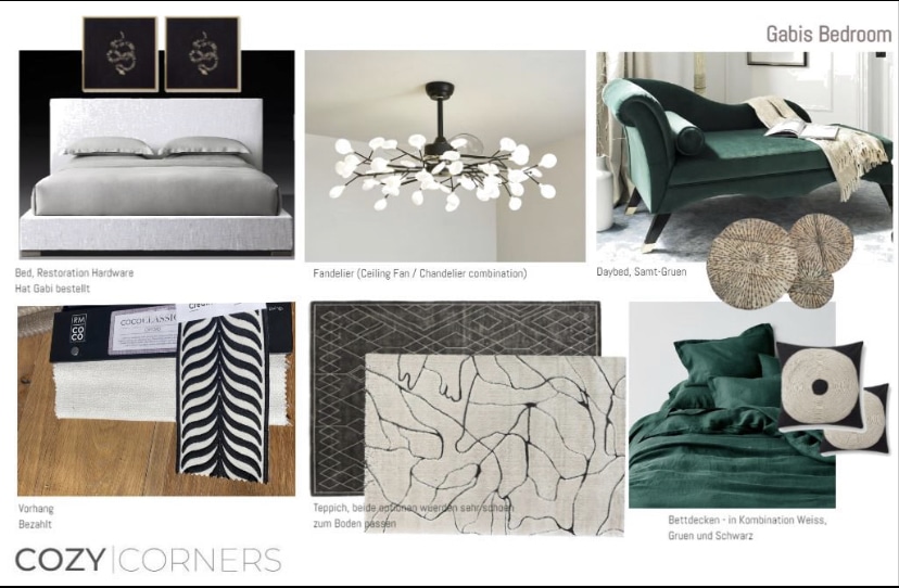 Modern Bedroom Concept Board with Green, White, and Black Accents